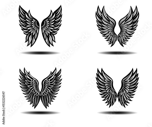 Angel Wings Black Grunge Vector Set – Feather Wing Illustrations with Distressed Design Style for Fantasy Art, Tattoo Concepts, and Spiritual Logos. Clean EPS Vector Art for Adobe Stock.

