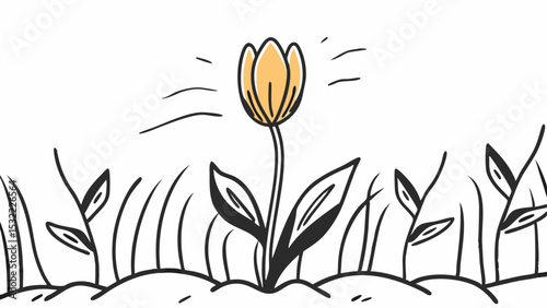 Vintage Black and White vibrant yellow orange tulip stands out among green leaves, symbolizing beauty and growth