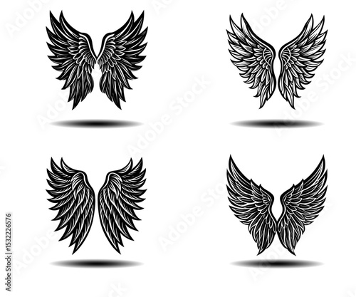 Distressed Grunge Angel Wings Vector Design – Black Feather Wing Icons for Tattoo Concepts, Gothic Posters, and Fantasy Spiritual Themes. Editable EPS Art for Adobe Stock Use.

