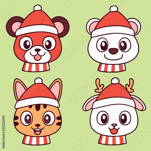 Adorable animal heads wearing christmas hats and scarves in a delightful cartoon illustration