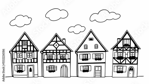 Vintage Black and White Charming row of colorful half timbered houses with whimsical clouds above