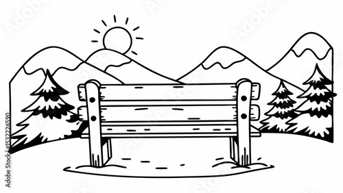 Vintage Black and White snow dusted wooden bench sits overlooking stunning mountain landscape with trees