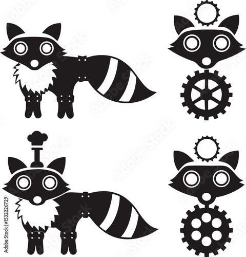 Steampunk raccoon vector set with cogs and gear designs in black and white with a chef's hat illustration for creative projects