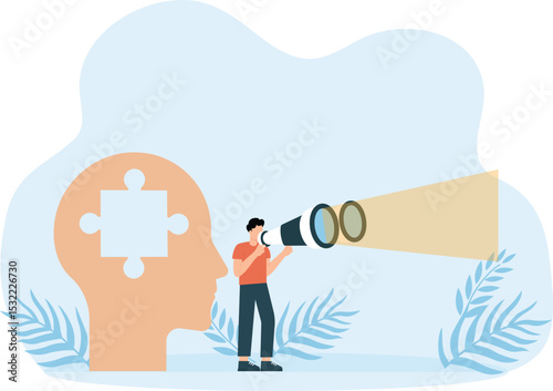 Finding solution and Profit and earning prediction, Decision making and people premonition and foresight, Man looking through telescope. Choice of strategy and future vector concept
