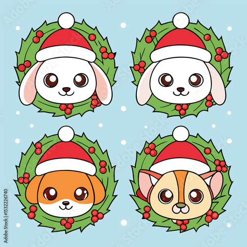 Adorable cartoon animals in santa hats and christmas wreaths on a light blue background