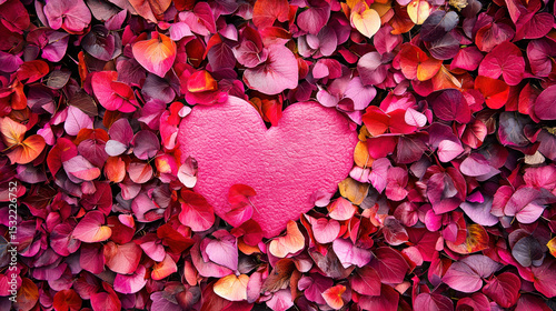 A pink heart-shaped object surrounded by a bed of red and purple leaves, set against a vibrant pink background.