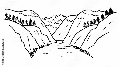 Vintage Black and White serene river flows between steep mountains, surrounded by trees and clouds, creating peaceful