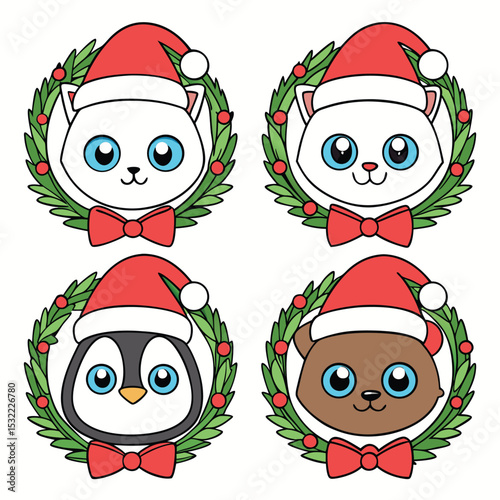 Adorable cartoon christmas characters with santa hats and holiday wreaths for festive designs