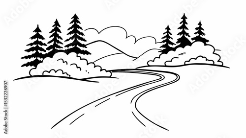 Vintage Black and White winding road curves through serene landscape with trees and hills, evoking tranquility