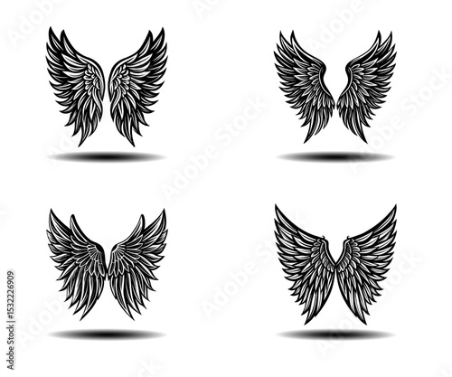 Black Gothic Angel Wings Vector Set – Bold Distressed Feather Icons for Tattoo Art, Fantasy Branding, and Spiritual Poster Designs. Clean EPS Format for Adobe Stock Uploads.

