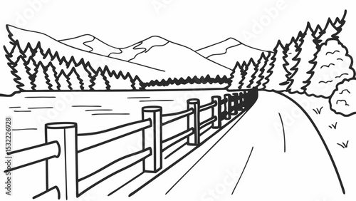 Vintage Black and White serene landscape features wooden fence along paved path beside tranquil lake