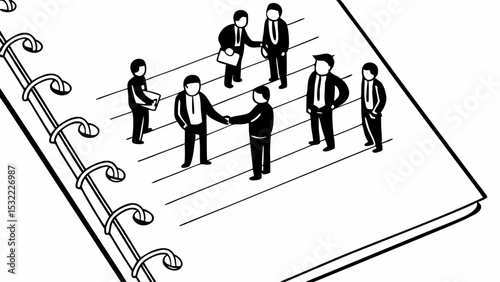 Vintage Black and White, teamwork and collaboration, Miniature businessmen interacting notebook illustration,