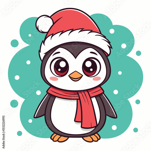 Adorable cartoon penguin character wearing a santa hat and red scarf for winter season holidays.