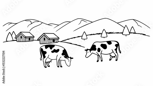 Vintage Black and White Two cows graze peacefully in lush green pasture surrounded by mountains and cabins