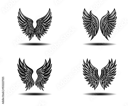 Black Grunge Angel Wings Illustration Set – Feathered Wing Vector Icons for Gothic Fashion Posters, Tattoo Art Concepts, and Spiritual Themes. Clean and Editable EPS Format for Adobe Stock.

