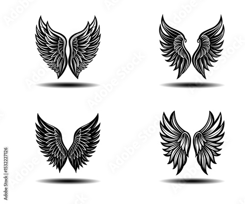 Dark Grunge Angel Wings Vector Icons – Bold Distressed Feather Wings in Black for Tattoo Design, Gothic Projects, and Spiritual Concepts. High Quality Editable Vector Graphics for Adobe Stock.

