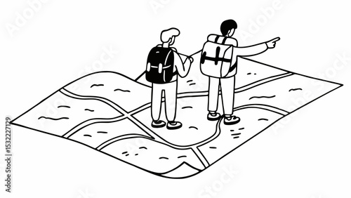 Vintage Black and White hikers with backpacks stand on map, exploring their surroundings