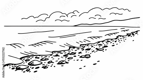 Vintage Black and White serene beach scene with gentle waves lapping at pebble shore, under cloudy sky