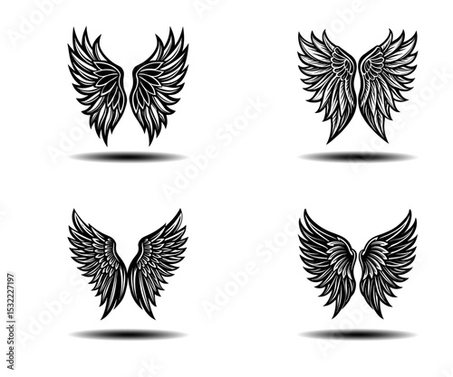 Angel Wings Grunge Vector Design – Distressed Black Feathered Wings Set for Spiritual Themes, Tattoo Illustrations, or Fantasy Poster Art. Clean EPS Vector File for Adobe Stock Submission.

