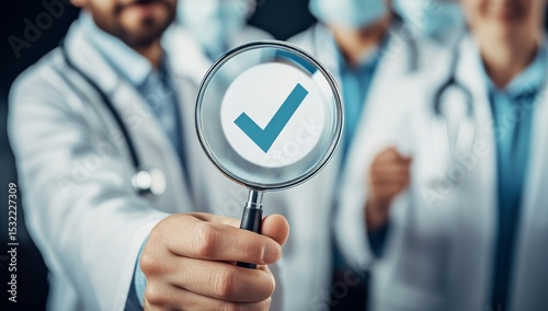 Adhering To Medicine And Pharmacy Standards Through Effective Quality Control In Healthcare: Symbolized By Doctor Holding Magnifying Glass And Check Mark