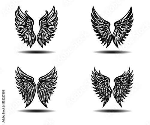 Stylish Angel Wings Vector Set – Distressed Grunge Black Feather Wing Illustrations for Gothic Fashion, Tattoo Art, and Spiritual Poster Concepts. Ready-to-Use EPS for Adobe Stock Upload.


