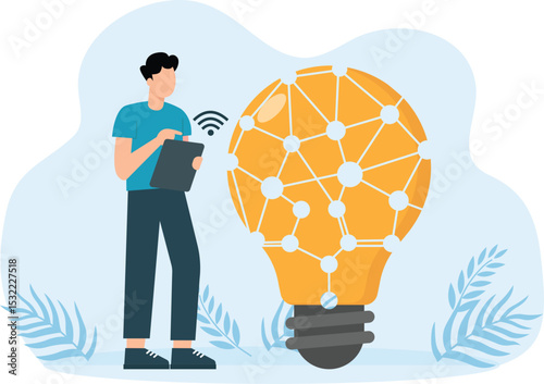 Technological ideas. Creating technologies, man on stairs and big light bulb, futuristic innovation in company, corporate creative progress, vector innovative modern concept
