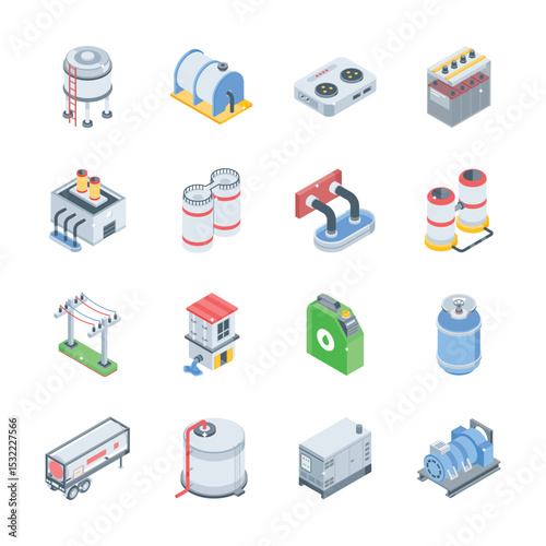 Get this modern collection depicting industrial production isometric icons