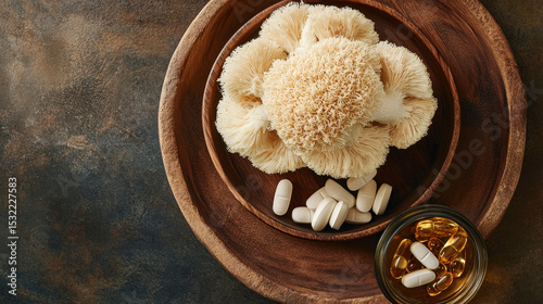 Lion’s Mane Mushroom with Herbal Capsules and Supplements