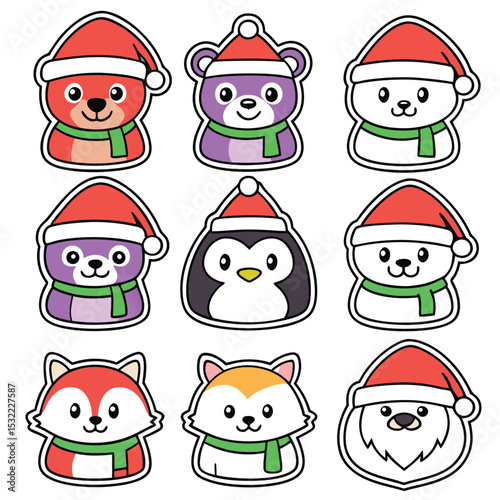 Adorable christmas animals wearing santa hats and scarves in a festive sticker collection