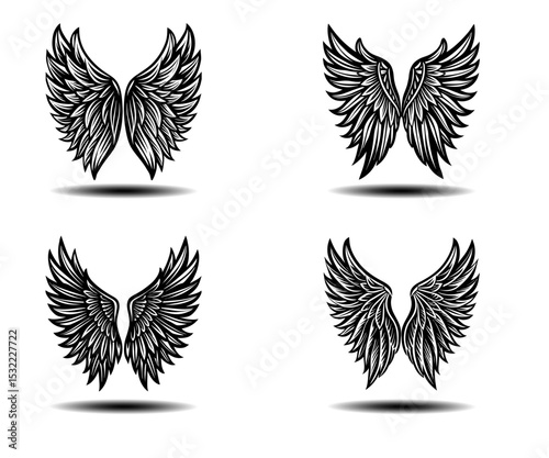 Black Grunge Angel Wings Vector Design – Distressed Feather Wing Set for Gothic Fashion Art, Spiritual Symbols, or Tattoo Inspired Projects. Editable Vector Format for Adobe Stock Usage.

