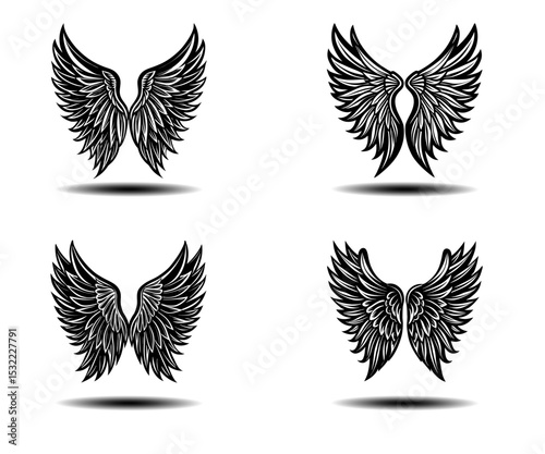 Black Angel Feather Wings Vector Pack – Stylish Grunge Wing Set for Tattoo Artists, Fantasy Designers, and Spiritual Themed Projects. Editable High Quality Vector Art for Adobe Stock.

