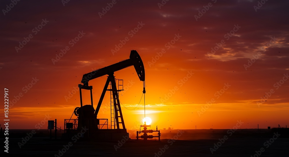 A solitary oil pump jack stands silhouetted against a vivid orange and purple sunset A solitary oil pump jack stands silhouetted against a vivid orange and purple sunset