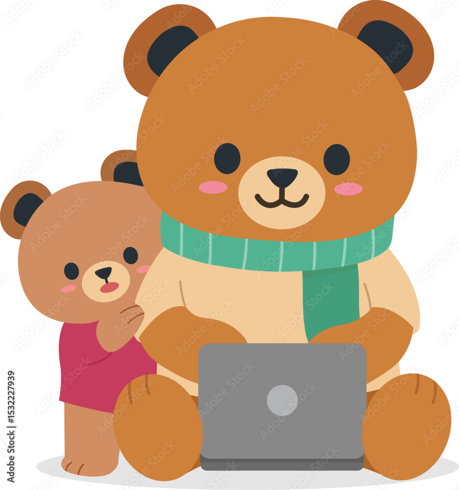 Fototapeta premium Cute teddy bear typing in a laptop vector cartoon illustration