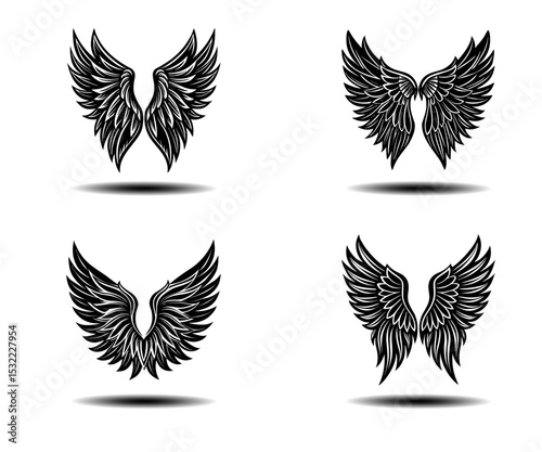 Distressed Angel Wings Vector Collection – Black Feather Wing Set in Grunge Style. Spiritual and Gothic Design Elements Ideal for Tattoo Concepts, Poster Art, and Editable Adobe Stock Graphics.

