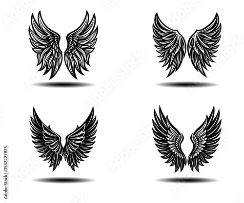 Angel Black Wings Vector Set – Detailed Grunge Feathered Wings in Bold Black Silhouette. Distressed Angel Wings Vector Illustration Perfect for Gothic Tattoo Art or Fantasy-Themed Design Projects.

