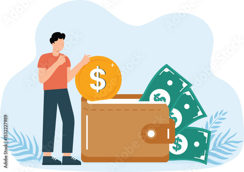 Tiny people with money. Budget elements, different poses persons, woman waters money tree, man rolls large coins and holding bill, millionaire on full bags with cash concept
