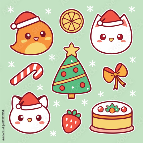 Adorable christmas holiday stickers with cute cartoon animals and festive decorations