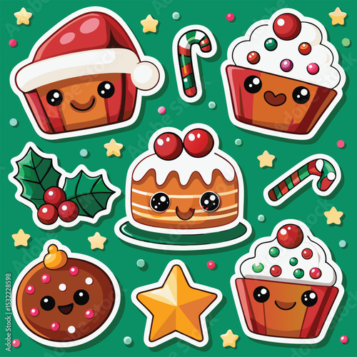 Adorable christmas treats and festive decorations pattern on green background for holiday design