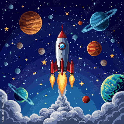Big white rocket on a background of beautiful sky or space with stars and planets, illustration in pixel style.