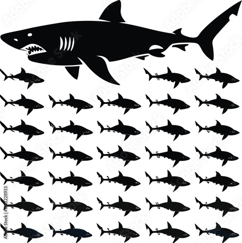Vector illustration featuring a large great white shark and multiple smaller shark silhouettes in a modern design