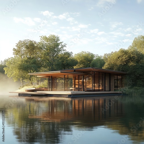Floating boathouse architecture with water-based foundations, retractable docks, panoramic views, and sustainable materials for living on the water.