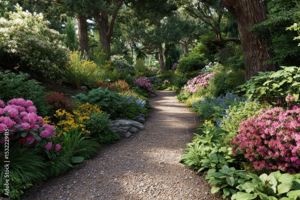 Fototapeta premium Beautiful garden path with colorful flowers and lush foliage