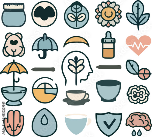 Line Art Vector Set of Mental Health Elements