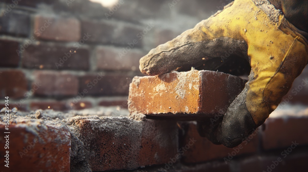 Fototapeta premium Hand with glove places brick on wall with mortar, illuminated by golden light