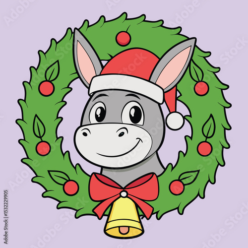 Cute cartoon donkey wearing a santa hat and christmas wreath holiday illustration
