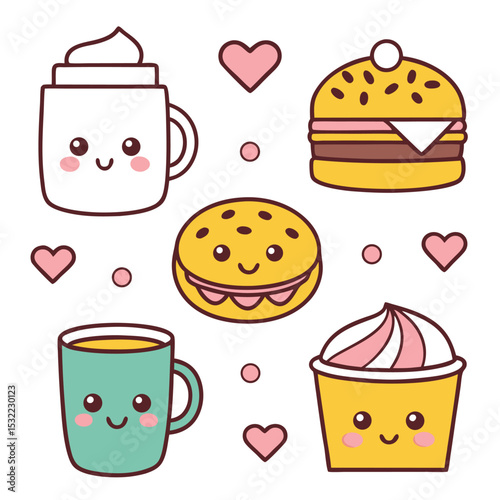 Cute cartoon food and drink set featuring coffee, burger, cupcake and smiling faces