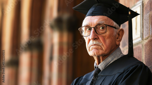 An elderly man in a graduation cap and gown, standing in front of a brick building with a stone facade.