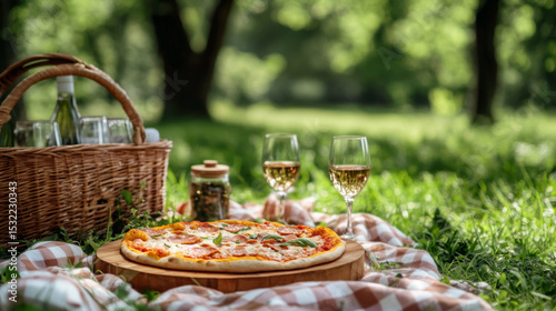 Outdoor Picnic with Pizza and Wine on a Sunny Day photo