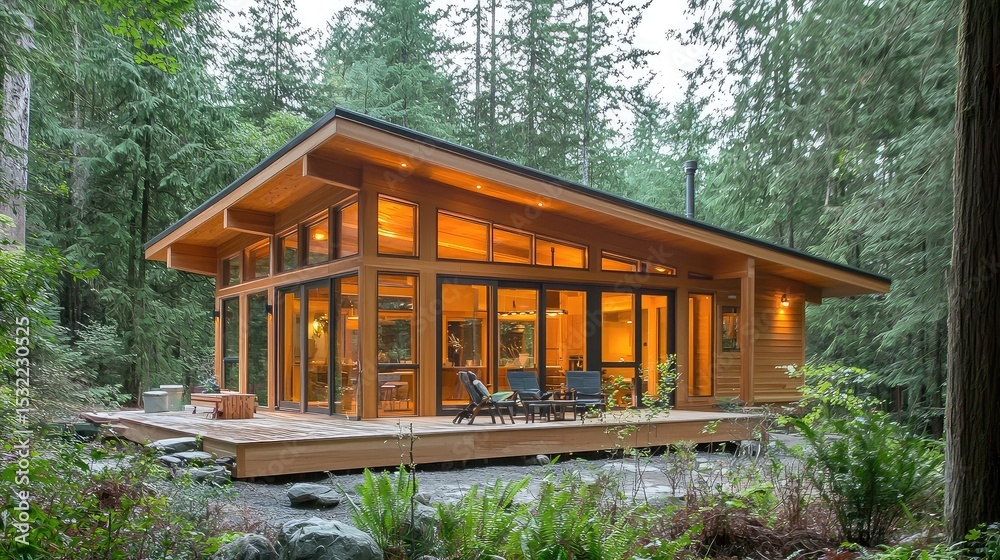 Naklejka premium Forest-friendly construction using sustainably sourced wood, eco adhesives, modular designs, and low-impact logging practices to support reforestation and habitat protection