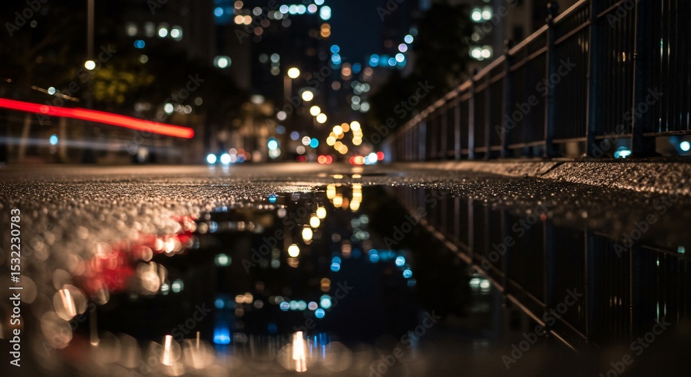 Fototapeta premium Night City Reflections in a Puddle Urban Lightscape